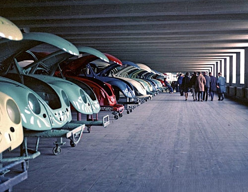 A colourful parade of painted bodyshells at the Wolfsburg factory in 1970