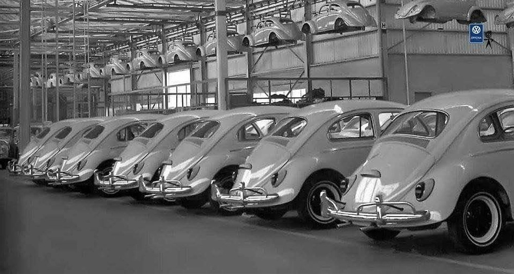 Part of a day's production at the Puebla plant of Volkswagen de Mexico in 1969