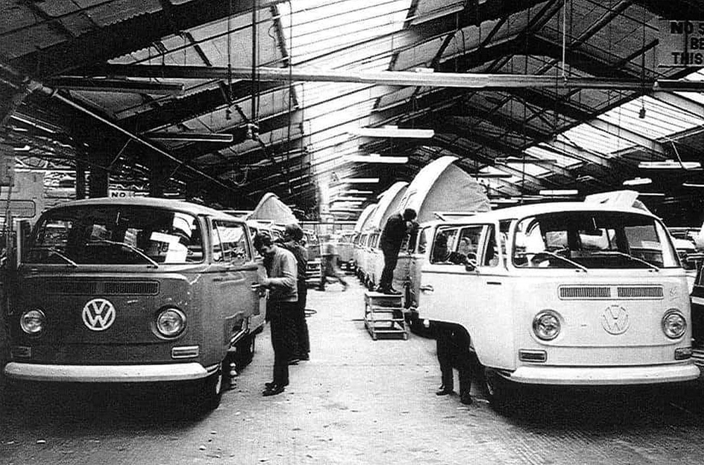 New T2 Transporters being converted into campers at the Dormobile factory in Folkstone, Kent, on the south-east coast of England. The first VW-based Dormobiles appeared in 1961 and the company still sell motor homes based on the VW Transporter today