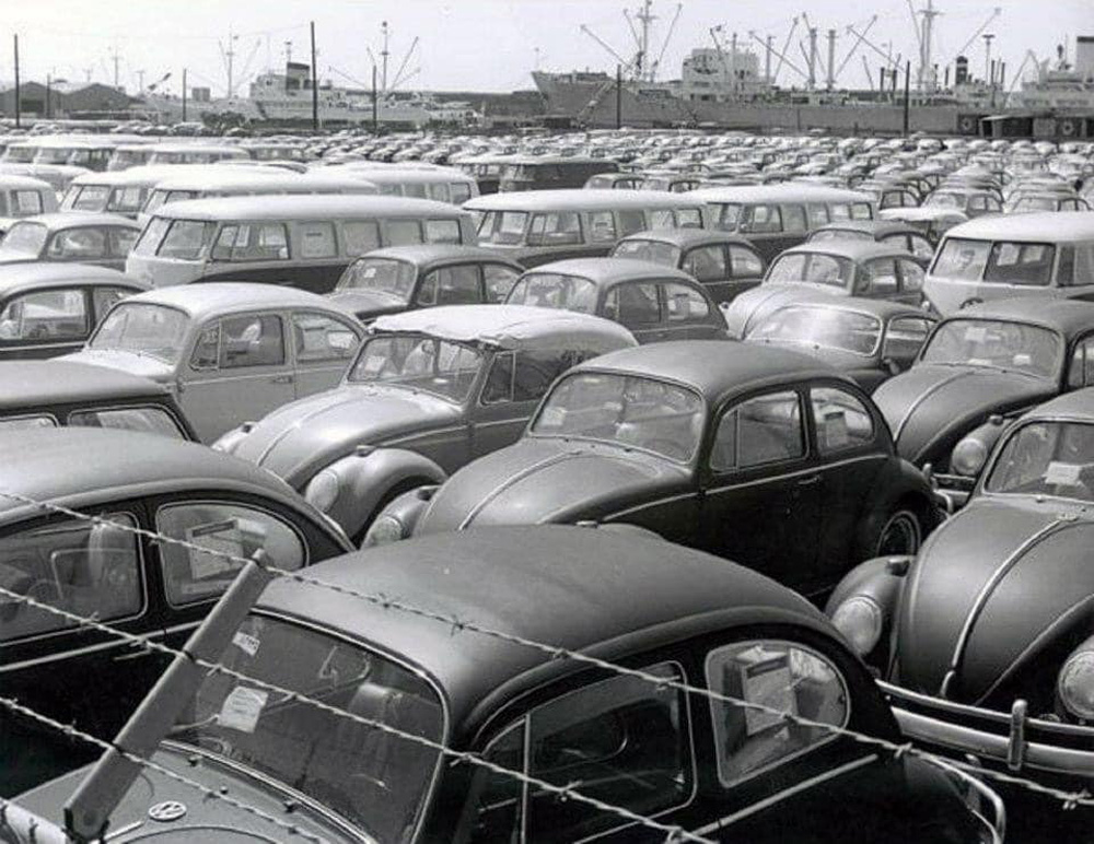 Volkswagens headed for New York and New Jersey, at the port of Newark, NJ, 1966