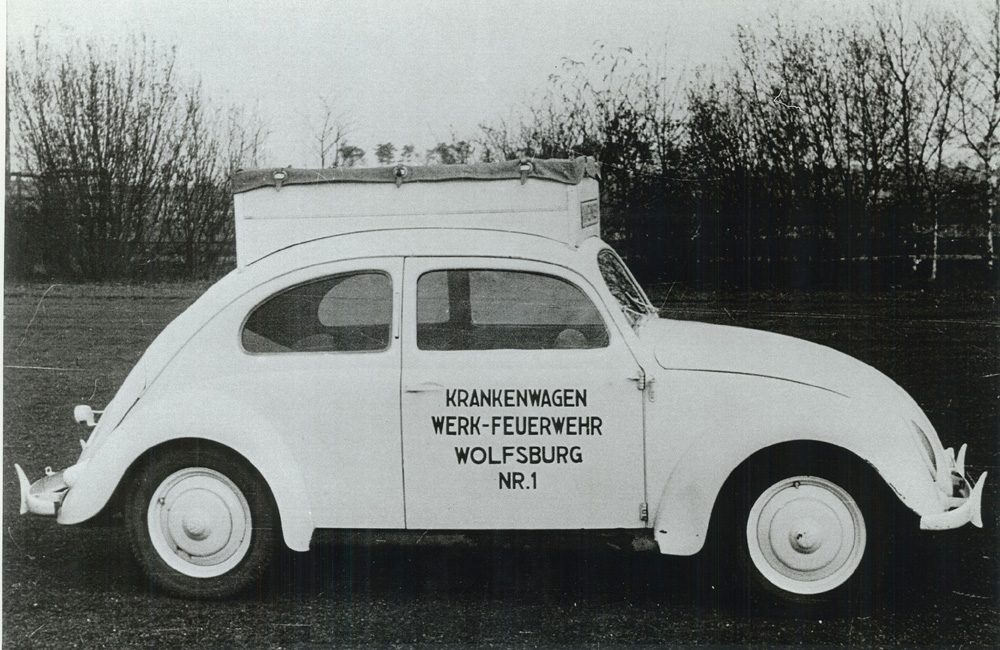 An 
        early ambulance of the fire department at the Volkswagen factory